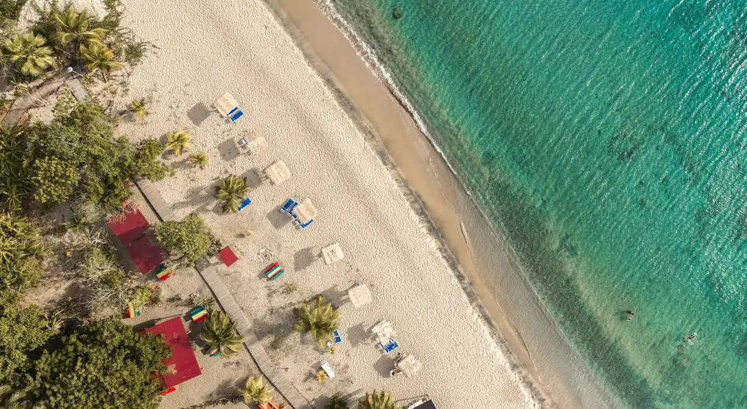 Aerial view of Pinney's Beach on Nevis, St Kitts and Nevis